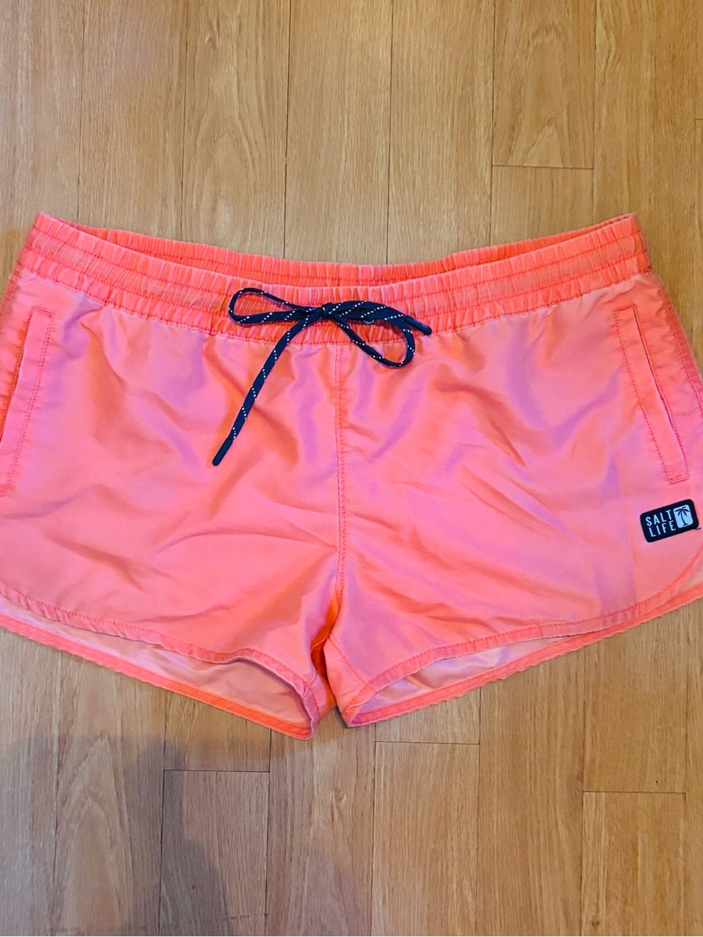 Salt Life Coral Pink Women's Athletic Shorts with Navy Drawstring